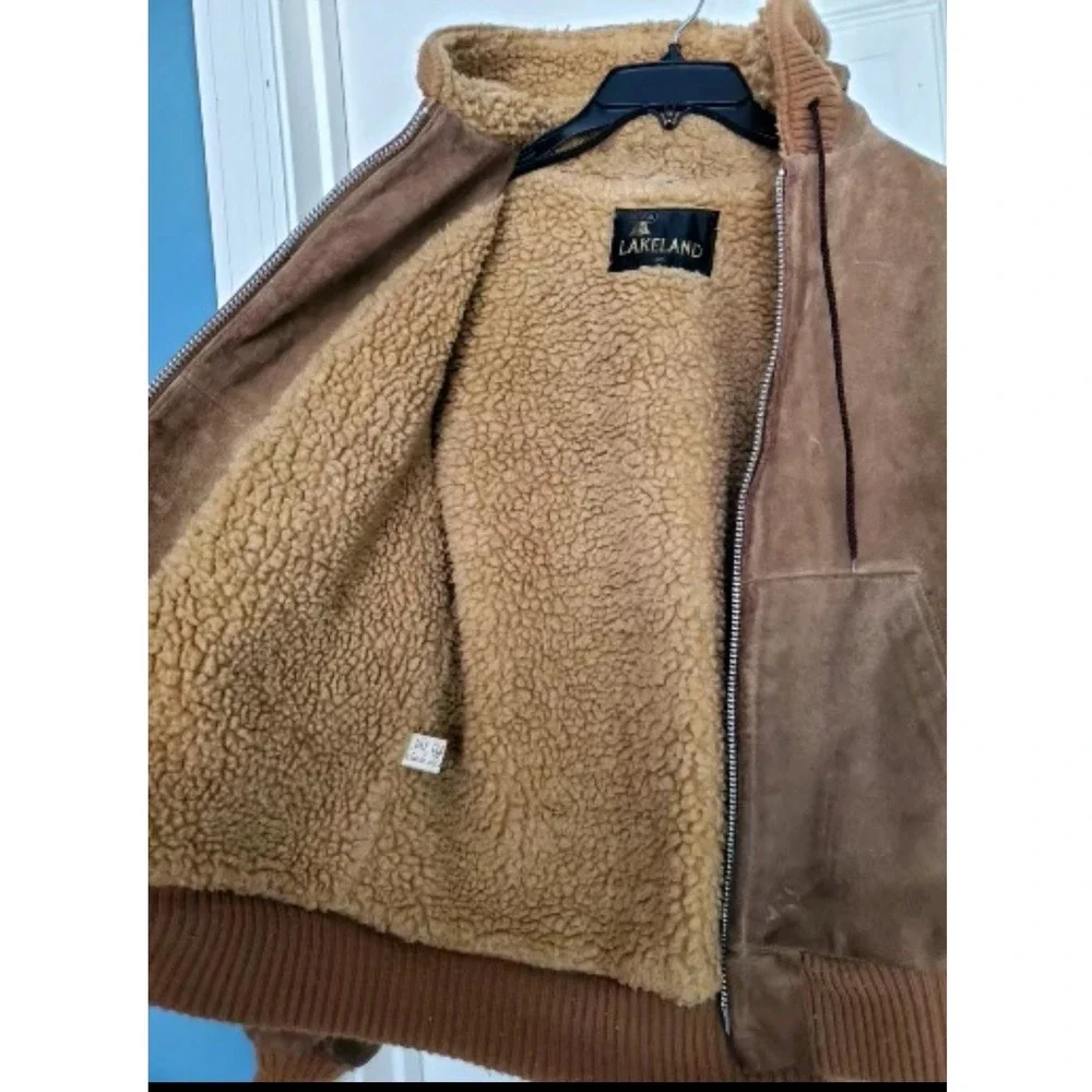 Lakeland Suede Bomber Jacket Tan Sherpa Lined Vintage Hooded Work Coat Mens 38